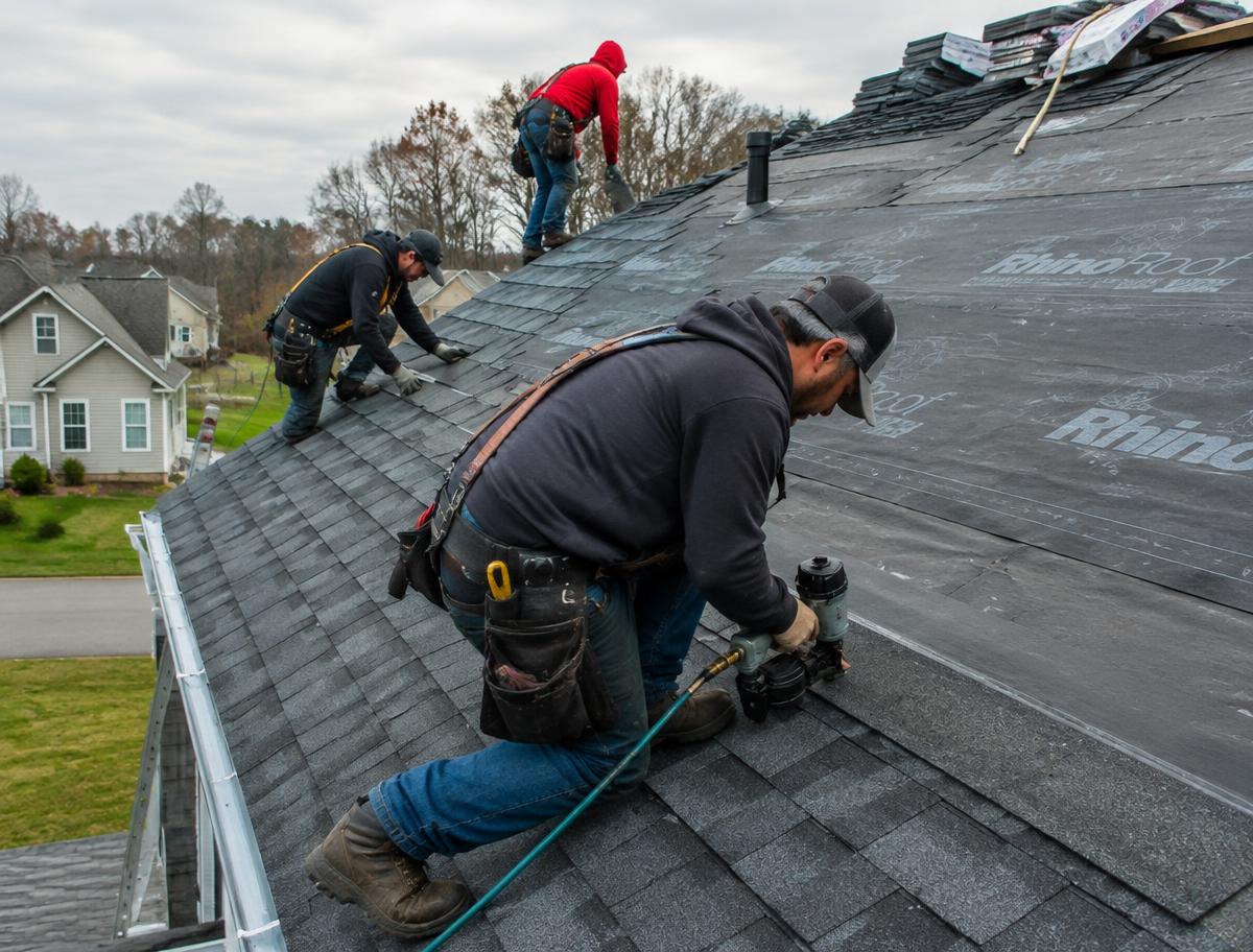 Roofers installing shingles (AI example photo)
